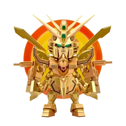 Golden gundam model with green accents and angular metallic design from bandai qmsv mini gold team gundam blind box