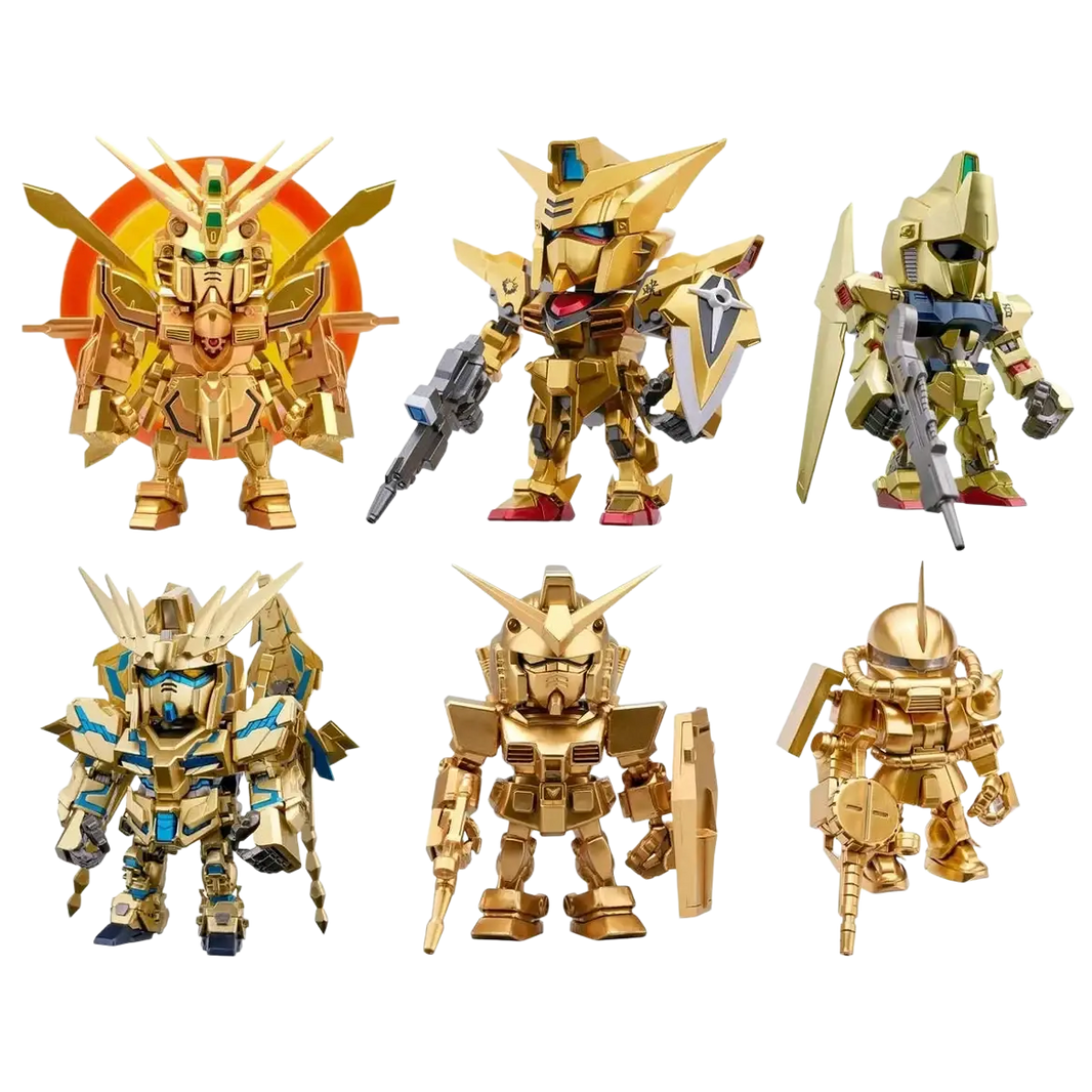 Six golden gundam figurines with distinct designs from bandai qmsv mini gold team gundam blind box collection