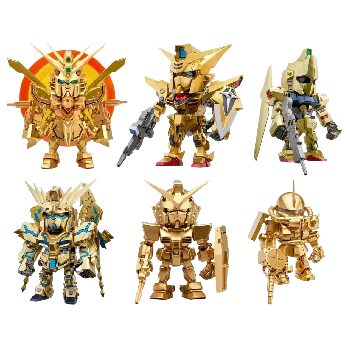 Six golden gundam figurines with distinct designs from bandai qmsv mini gold team gundam blind box collection