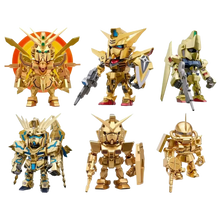 Six golden gundam figurines with distinct designs from bandai qmsv mini gold team gundam blind box collection