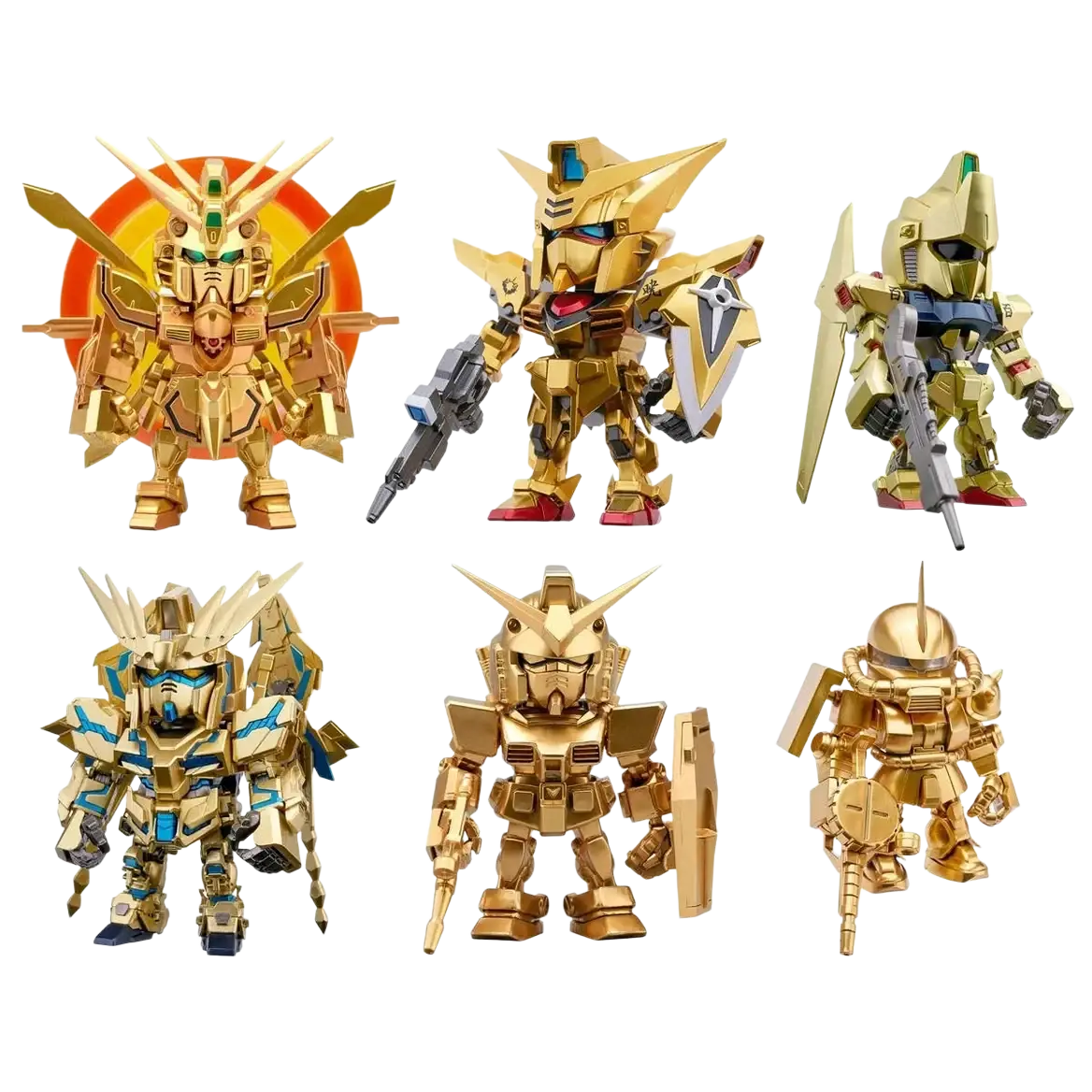 Six golden gundam figurines with distinct designs from bandai qmsv mini gold team gundam blind box collection