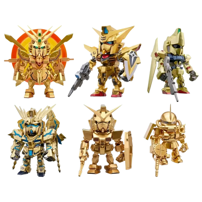 Six golden gundam figurines with distinct designs from bandai qmsv mini gold team gundam blind box collection