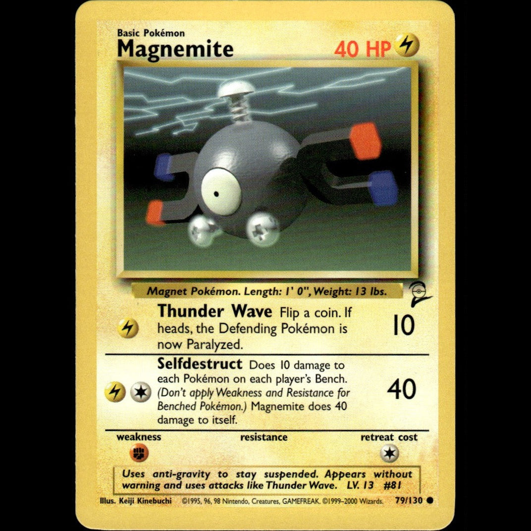 Gray magnemite pokémon card with blue and orange magnetic attachments, featuring a yellow border and printed text.