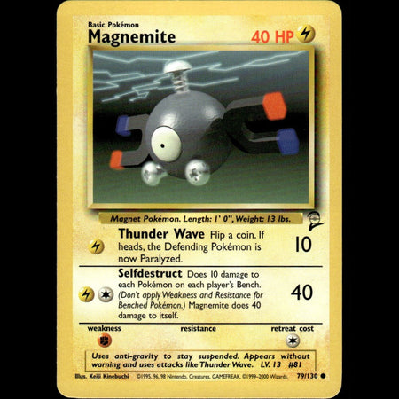 Gray magnemite pokémon card with blue and orange magnetic attachments, featuring a yellow border and printed text.