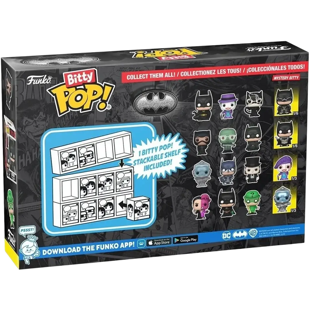 Batman 85th anniversary catwoman funko bitty pop mini-figure 4-pack in black and yellow box with stackable shelf