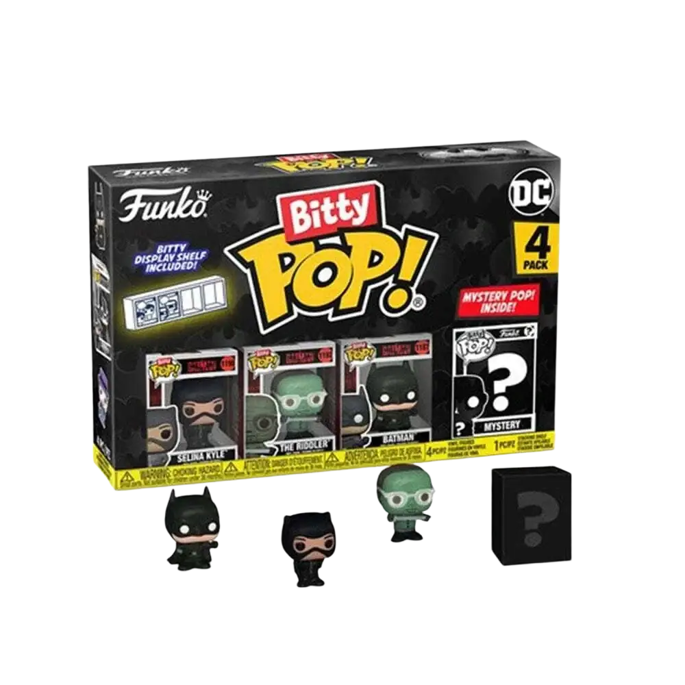 Black funko bitty pop dc comics 4-pack mystery box featuring three revealed figures and one hidden in batman 85th anniversary catwoman funko bitty collection