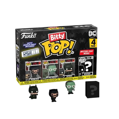Black funko bitty pop dc comics 4-pack mystery box featuring three revealed figures and one hidden in batman 85th anniversary catwoman funko bitty collection