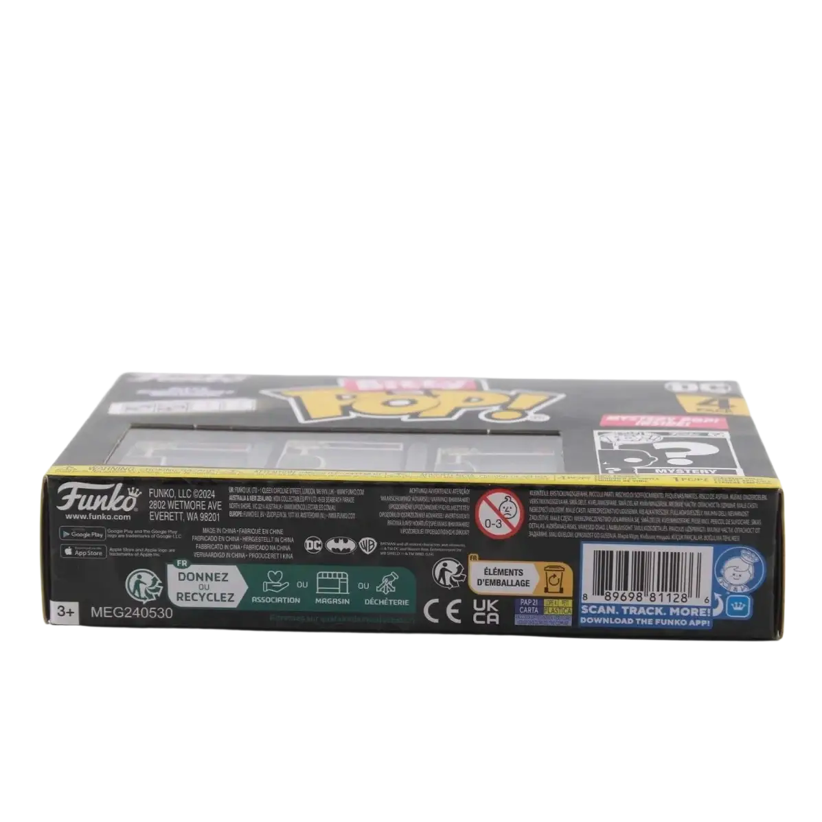 Black funko pop box with yellow trim and white text featuring the dc comics logo for batman 85th anniversary catwoman funko bitty pop pack