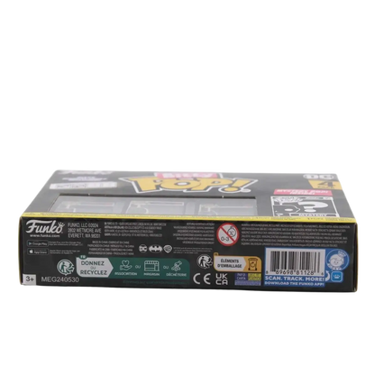 Black funko pop box with yellow trim and white text featuring the dc comics logo for batman 85th anniversary catwoman funko bitty pop pack