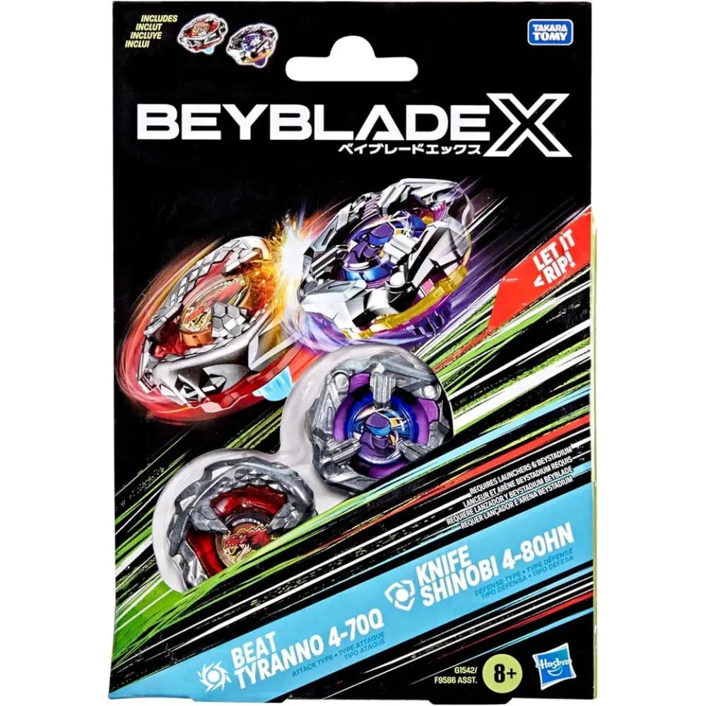 Beyblade x packaging featuring two spinning tops, one beat tyranno 4-70q and knife shinobi 4-b0hn.