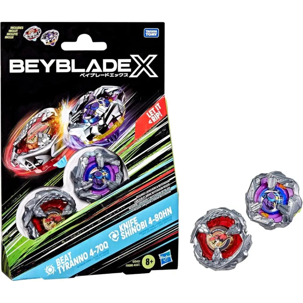 Beyblade x toy set featuring two spinning tops, one red and silver with a metallic design.