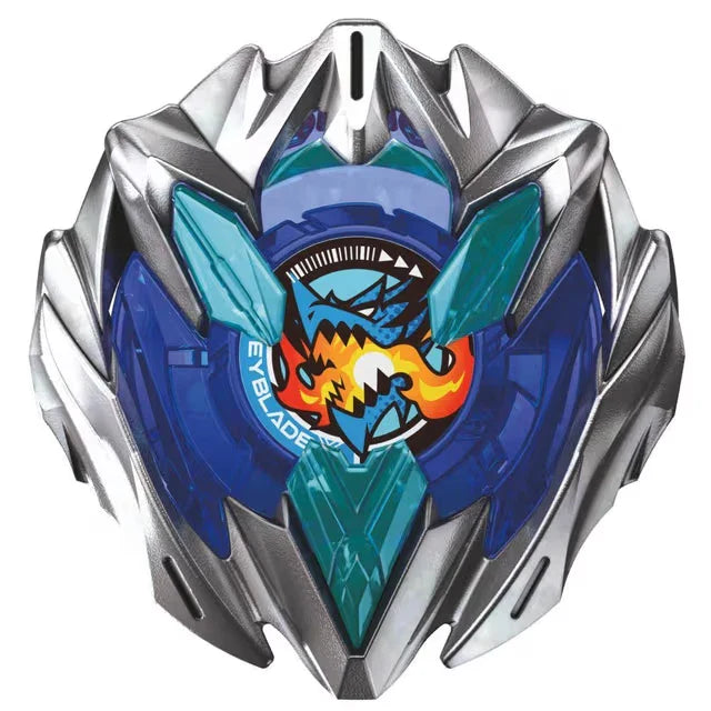 Beyblade burst evolution toy with blue and silver design, featuring a shark emblem.