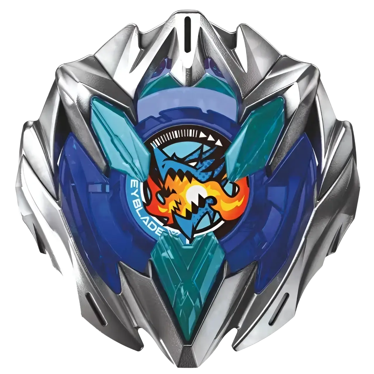 Beyblade burst evolution toy with blue and silver design, featuring a shark emblem.