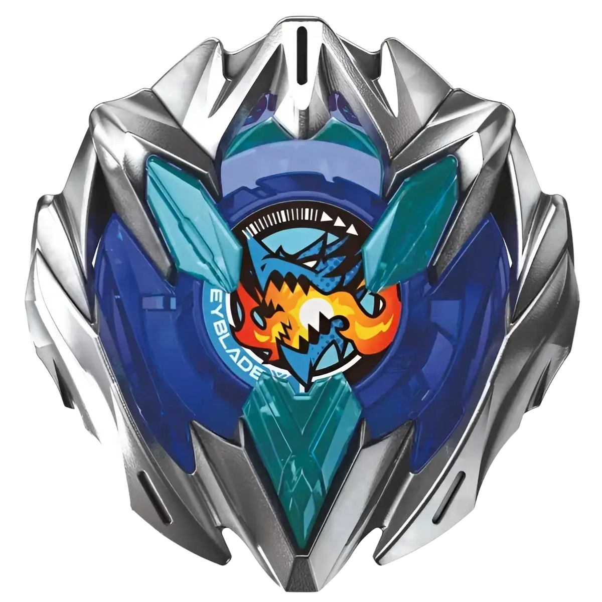 Beyblade burst evolution toy with blue and silver design, featuring a shark emblem.