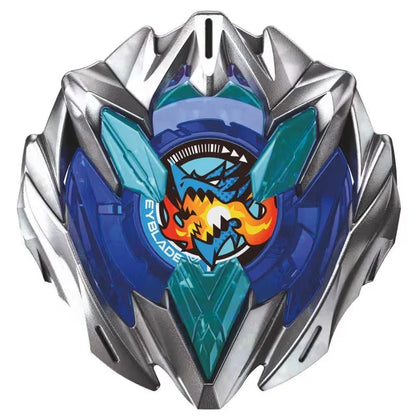 Beyblade burst evolution toy with blue and silver design, featuring a shark emblem.