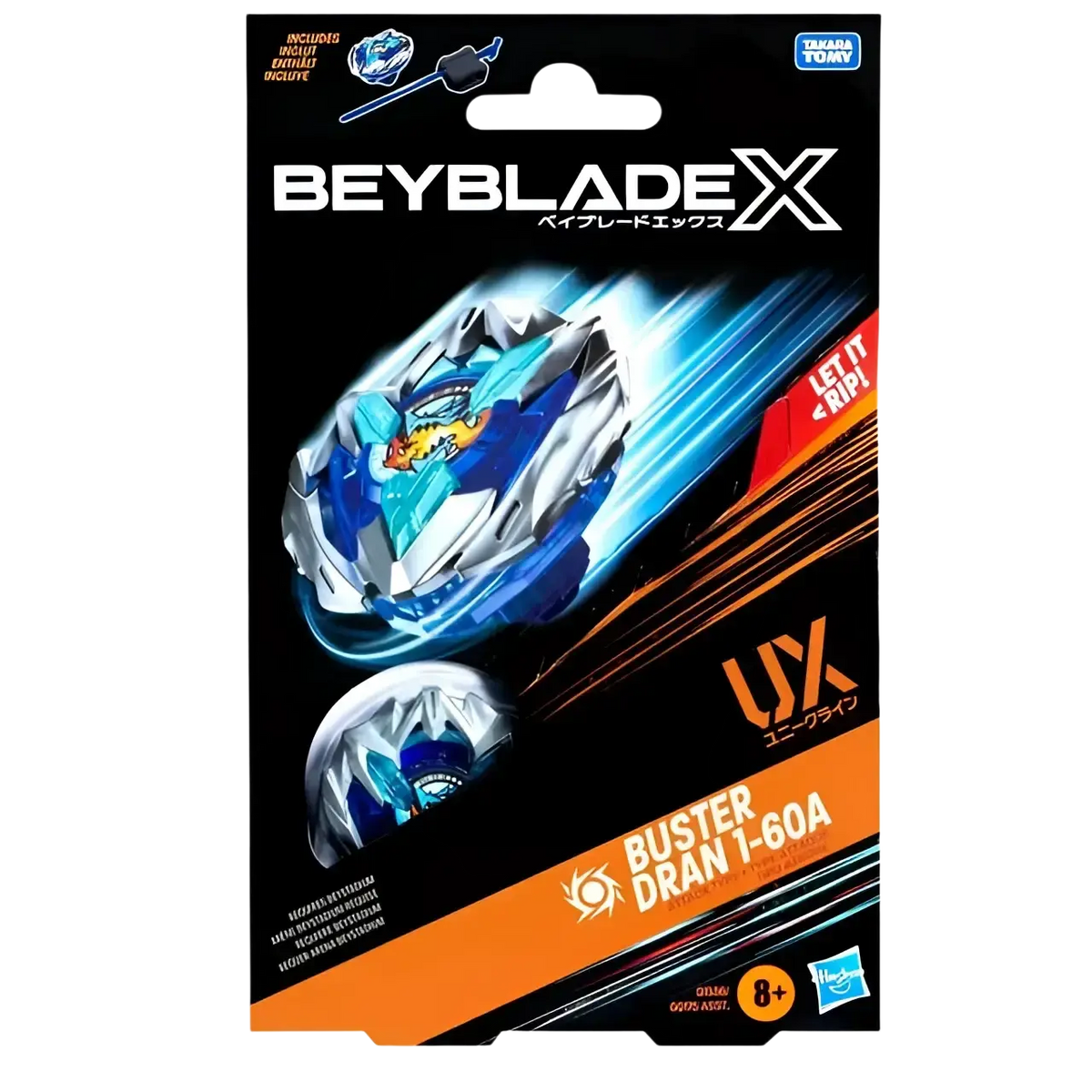 Beyblade x buster dran t-60a toy spinning top with blue and white design, metallic accents.