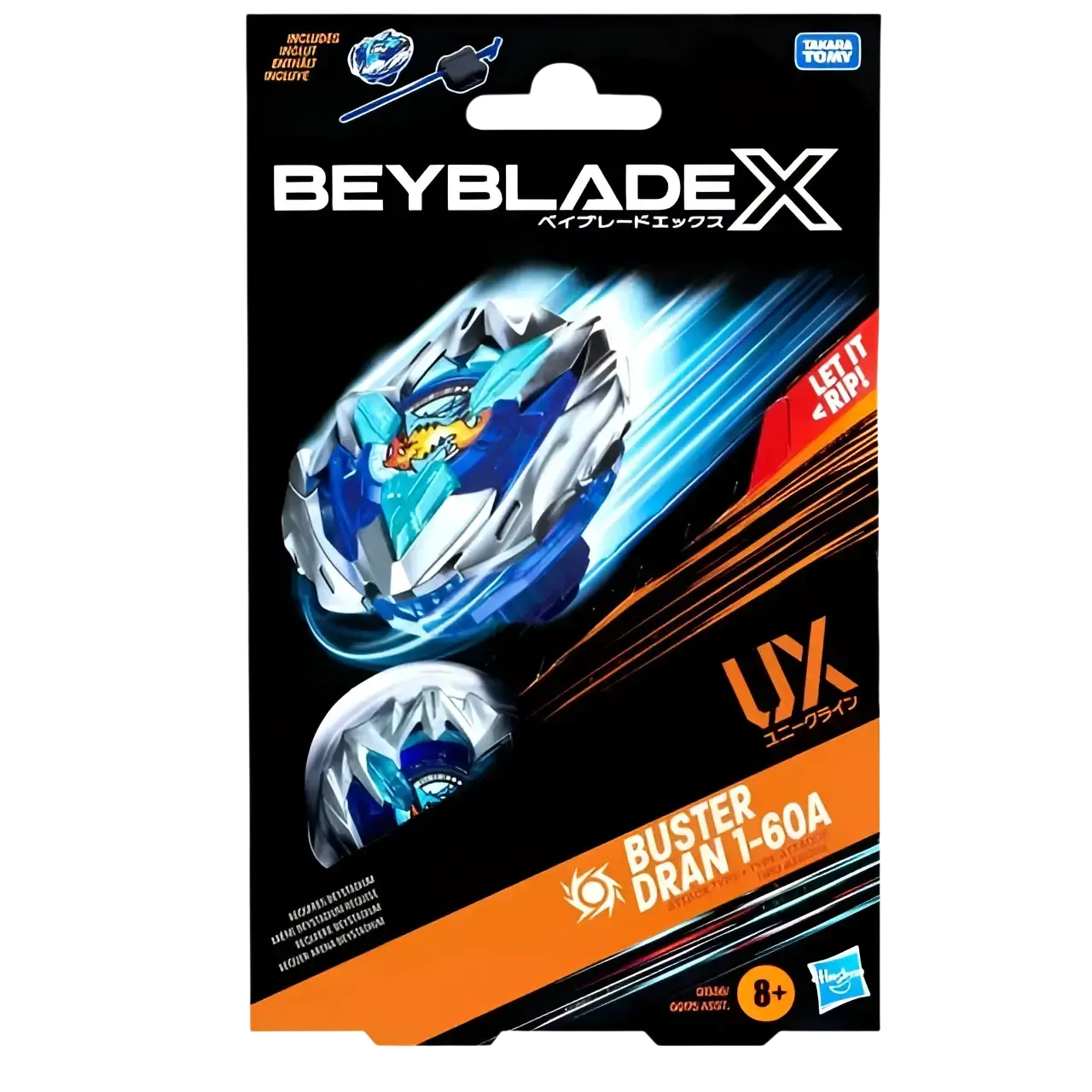 Beyblade x buster dran t-60a toy spinning top with blue and white design, metallic accents.