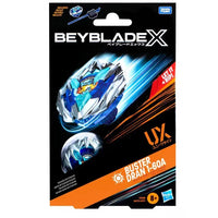 Beyblade x buster dran t-60a toy spinning top with blue and white design, metallic accents.