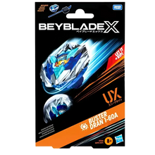 Beyblade x buster dran t-60a toy spinning top with blue and white design, metallic accents.
