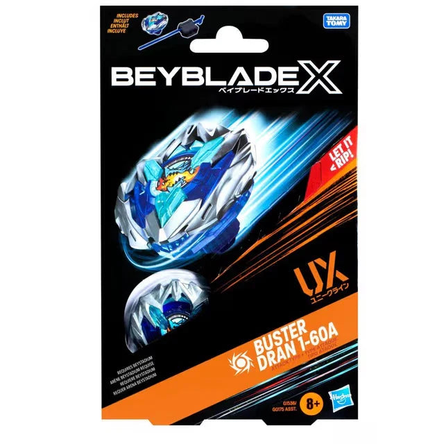 Beyblade x buster dran t-60a toy spinning top with blue and white design, metallic accents.