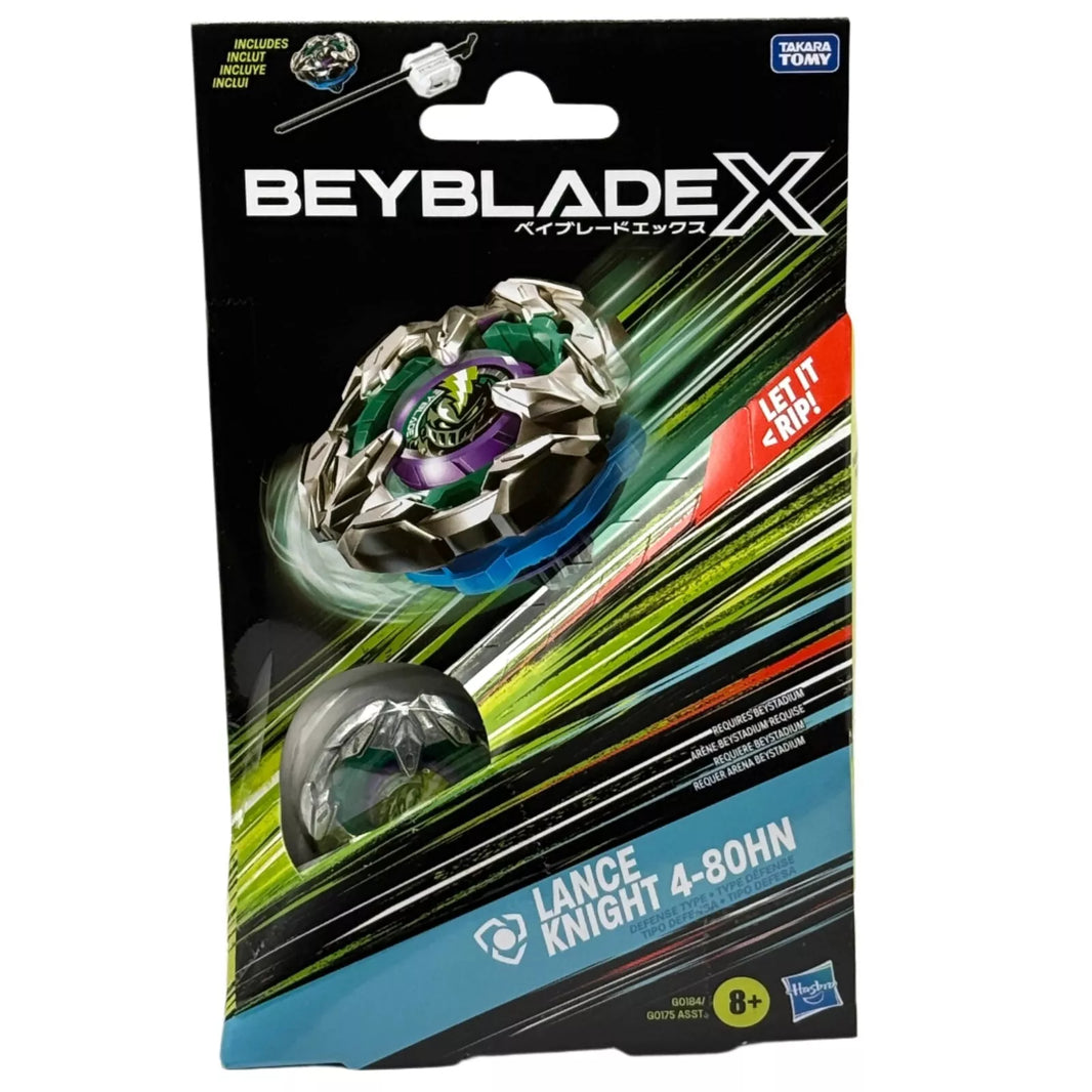 Beyblade x lance knight 4-80hn toy beyblade with metallic silver and green accents, featuring a sleek design.
