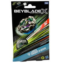 Beyblade x lance knight 4-80hn toy beyblade with metallic silver and green accents, featuring a sleek design.