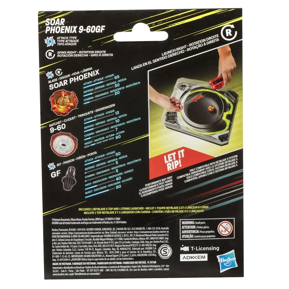 Soar phoenix 9-60gf beyblade top with a golden and black design, featuring intricate flame-like patterns on its spinning disc.