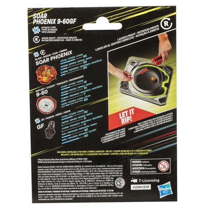 Soar phoenix 9-60gf beyblade top with a golden and black design, featuring intricate flame-like patterns on its spinning disc.