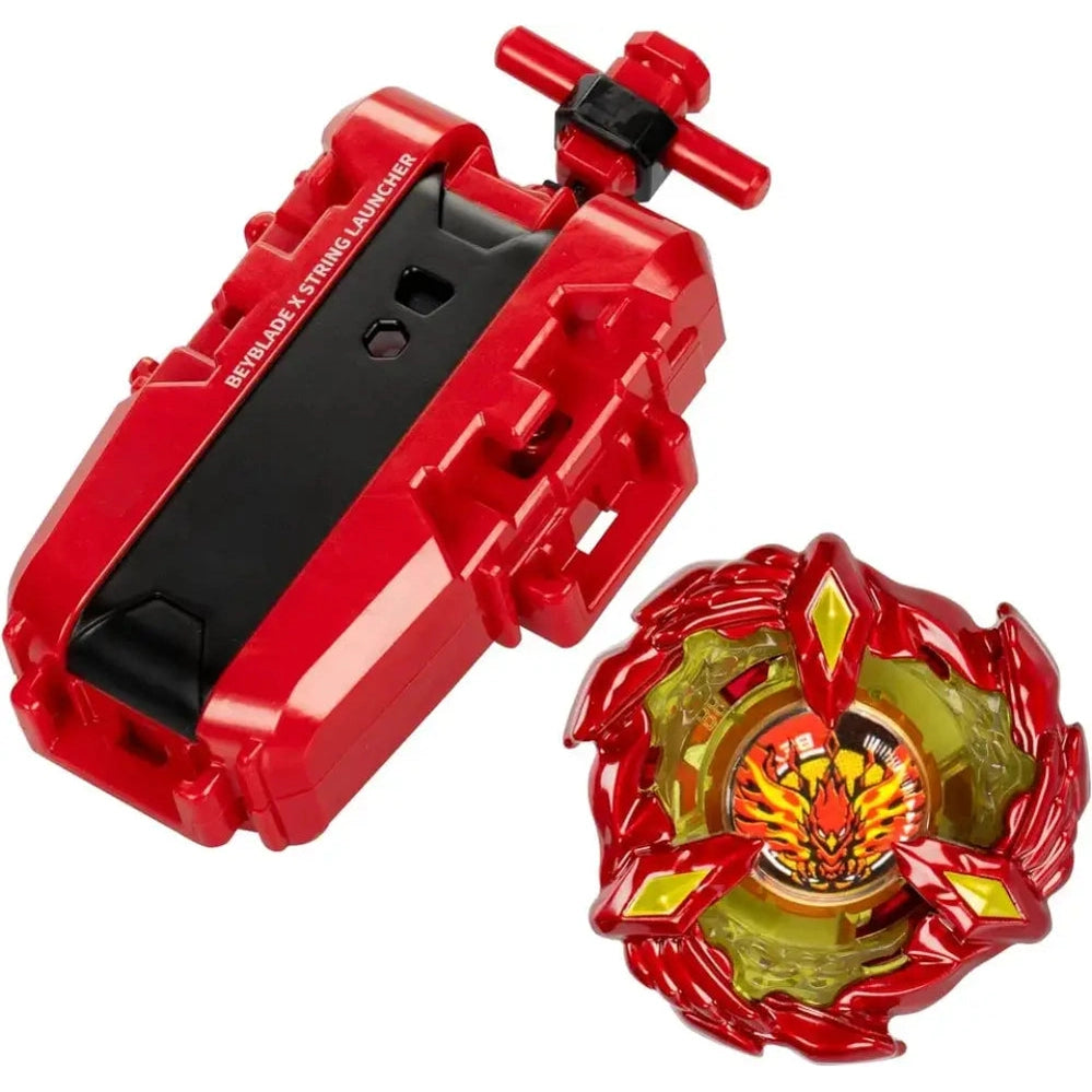 Beyblade burst string launcher with red and black design, featuring a spinning top.