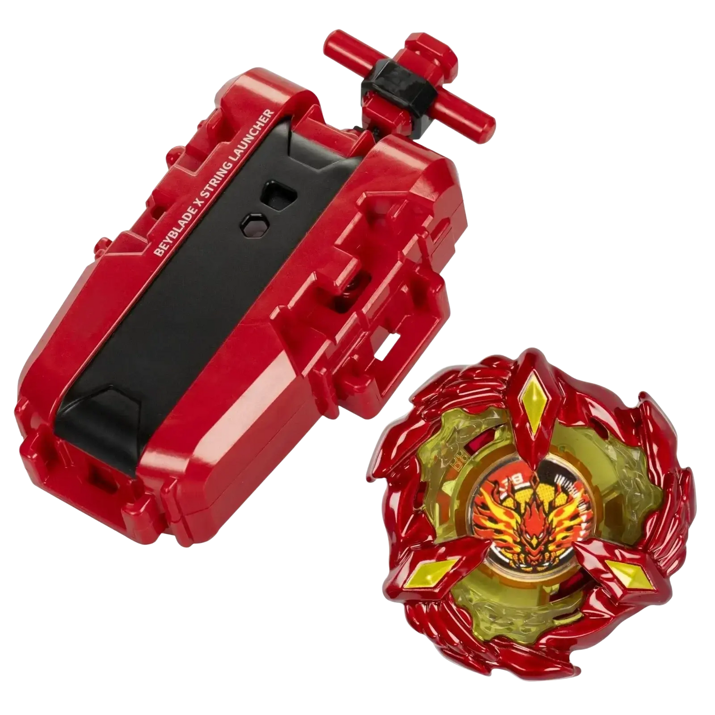 Red and gold beyblade x string launcher with matching red and yellow spinning top featuring a fiery phoenix design.