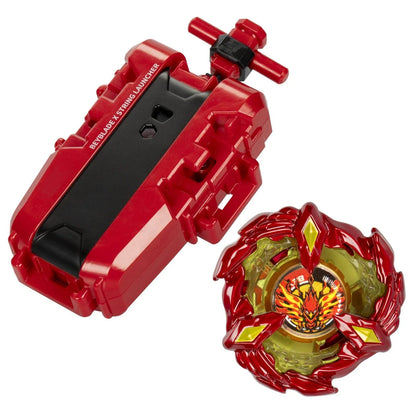 Red and gold beyblade x string launcher with matching red and yellow spinning top featuring a fiery phoenix design.