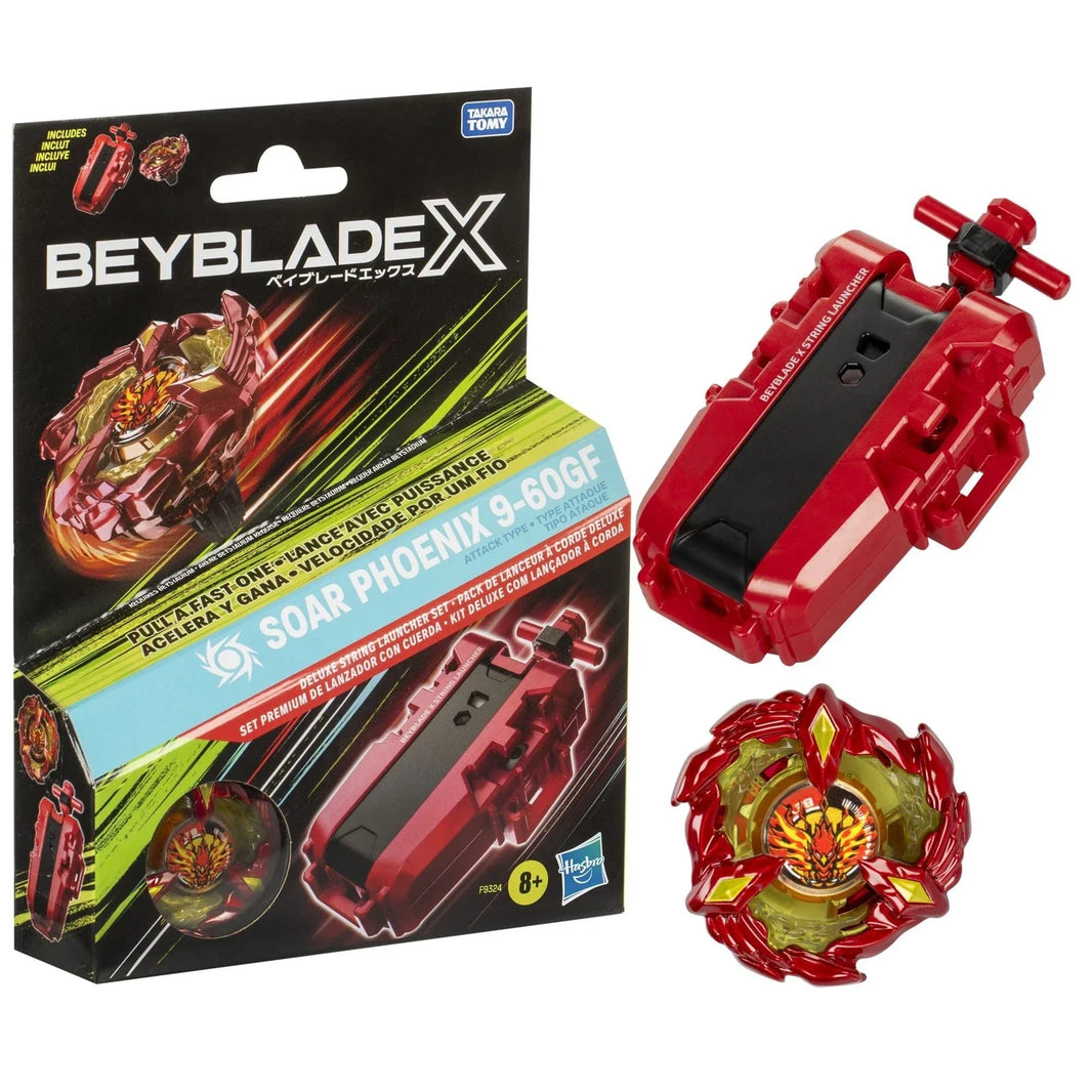Red and gold beyblade x soar phoenix 9-60gf launcher set with matching spinning top.