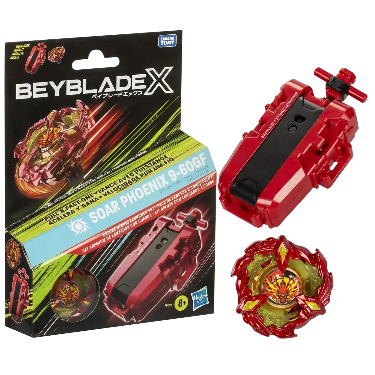 Red and gold beyblade x soar phoenix 9-60gf launcher set with matching spinning top.
