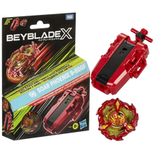 Red and gold beyblade x soar phoenix 9-60gf launcher set with matching spinning top.