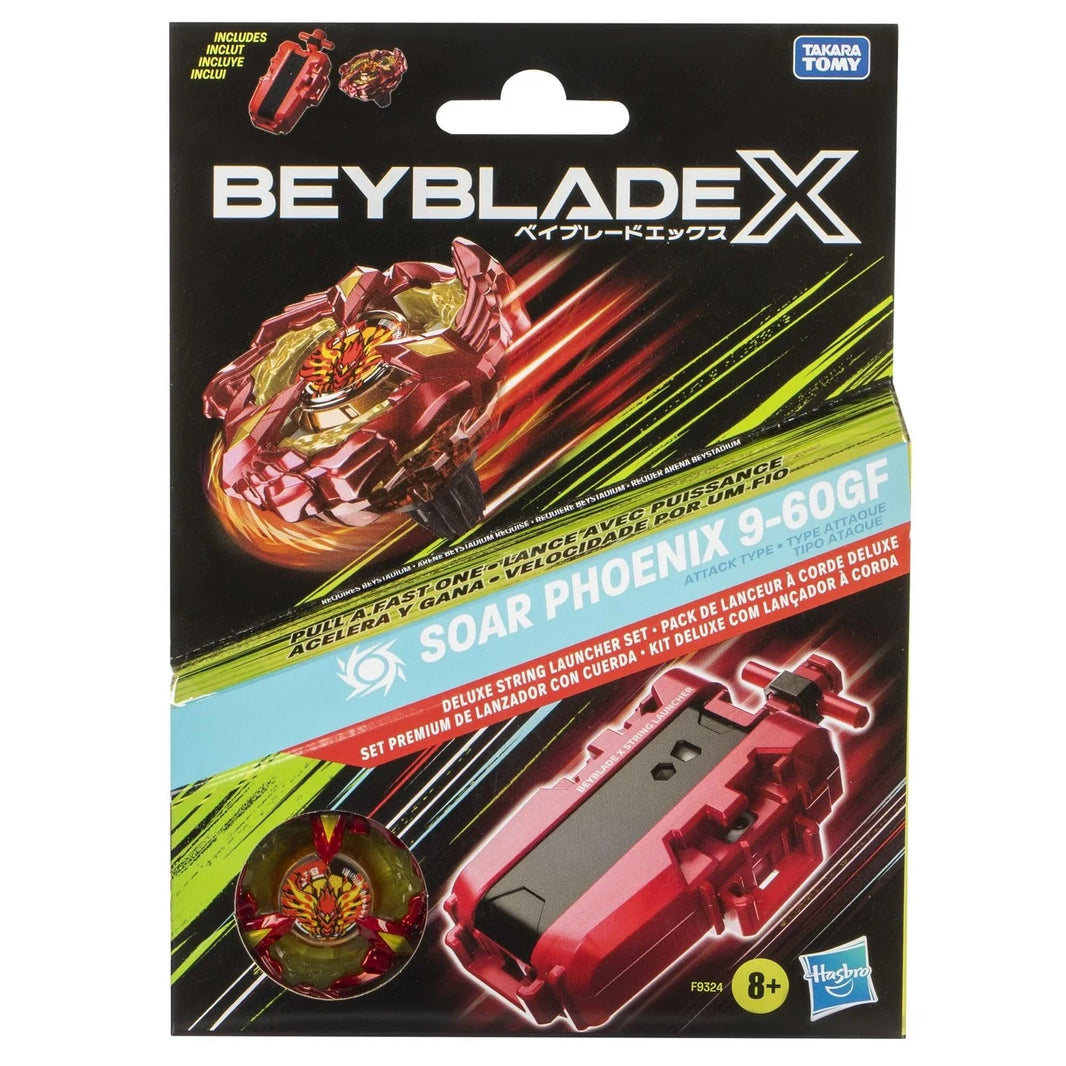Red and gold beyblade x soar phoenix 9-60gf deluxe string launcher set.