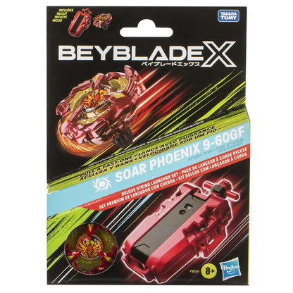 Red and gold beyblade x soar phoenix 9-60gf deluxe string launcher set.