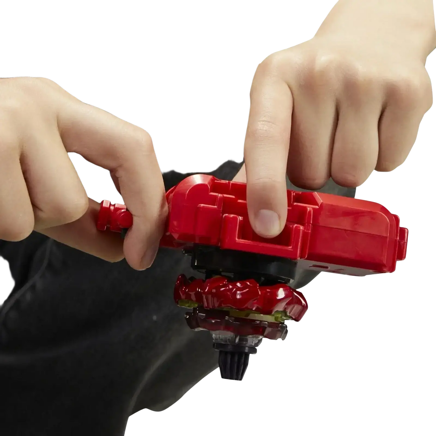 Red plastic beyblade launcher with a matching red and black spinning top attached.
