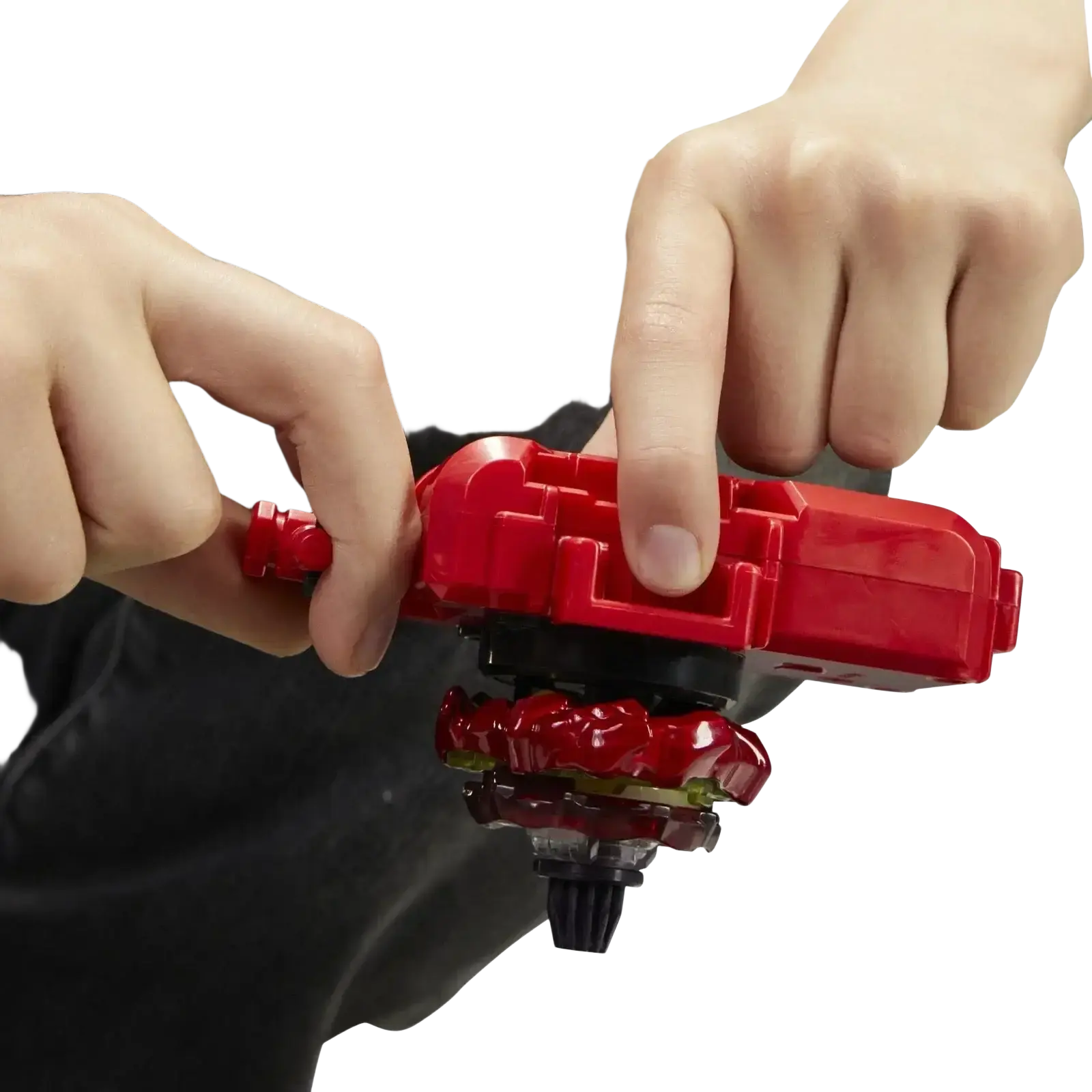 Red plastic beyblade launcher with a matching red and black spinning top attached.