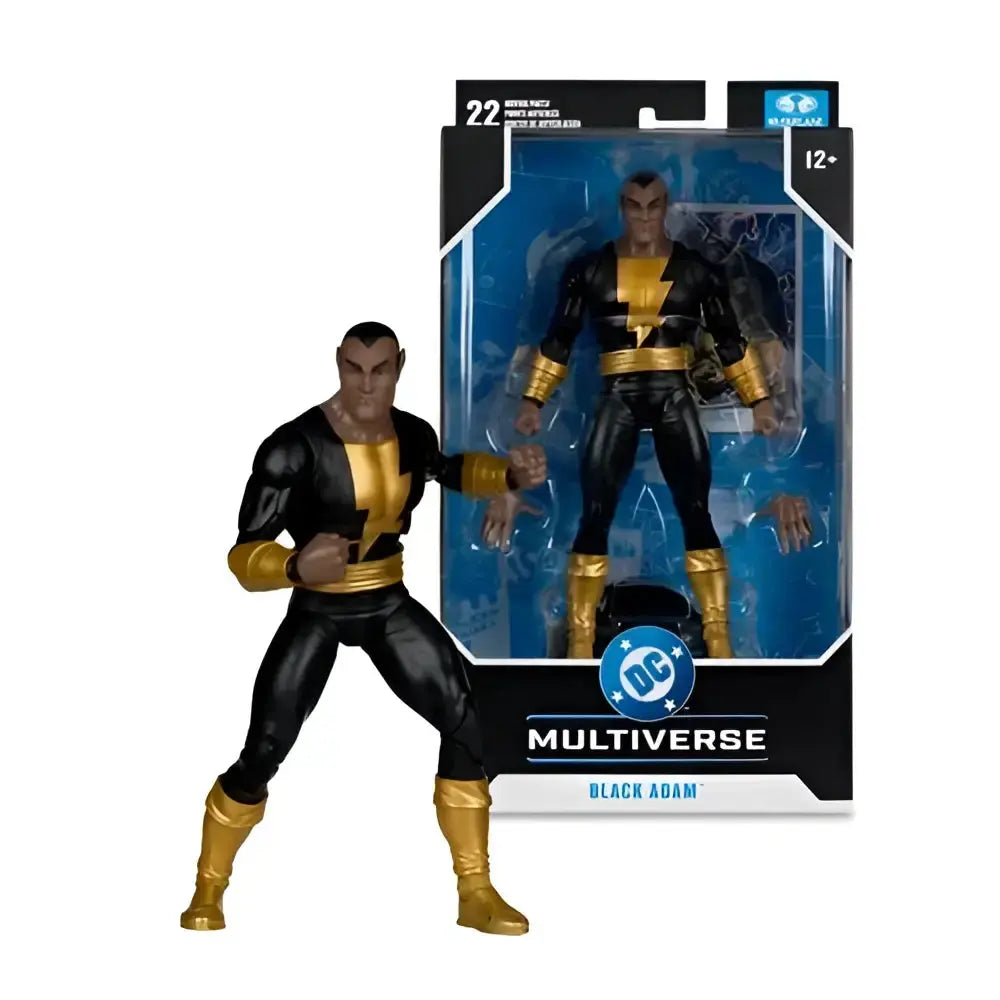 Black adam modern age 7-inch scale action figure in black and gold suit with detailed sculpting in dc multiverse pack