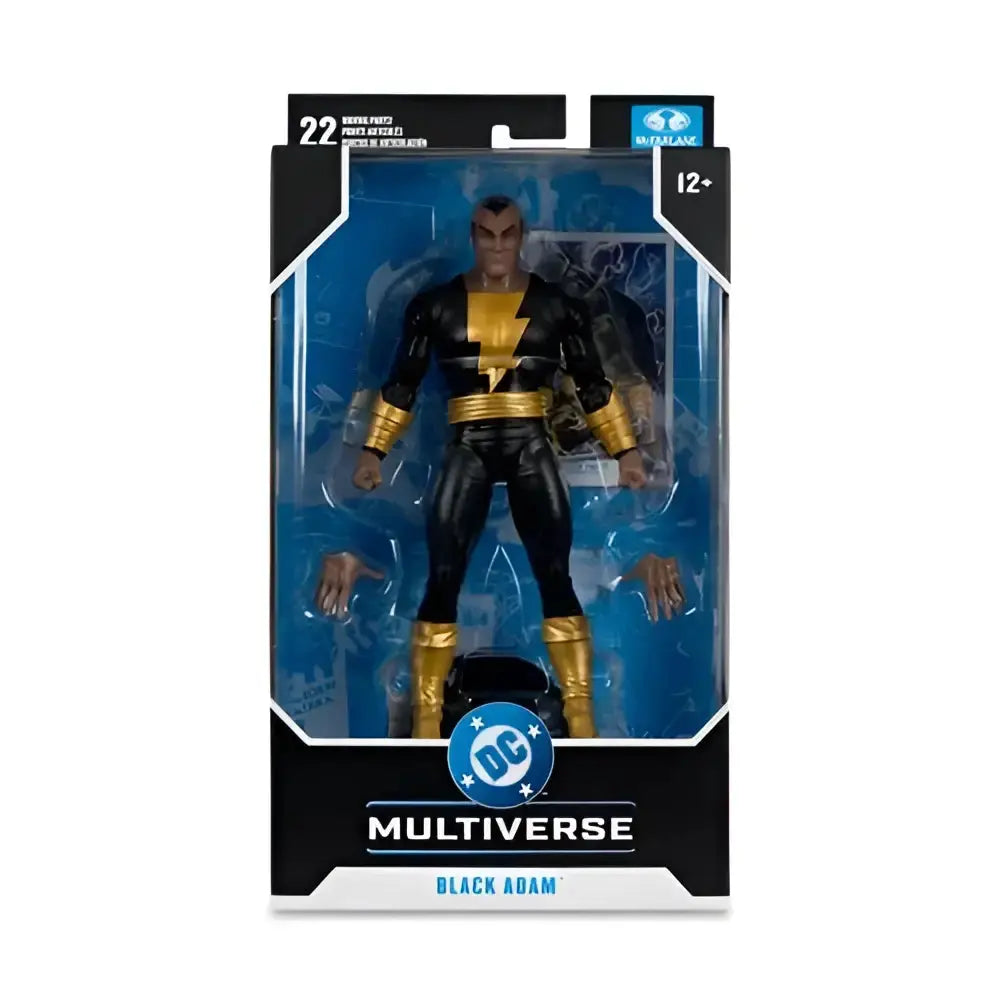 Black Adam modern age 7-inch action figure in black and gold suit with lightning emblem in DC multiverse packaging