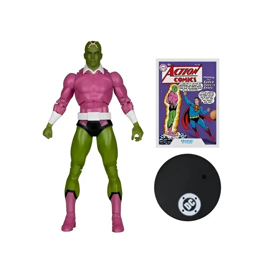 Brainiac classic 7-inch scale action figure in pink and green costume with white gloves and boots in dynamic pose