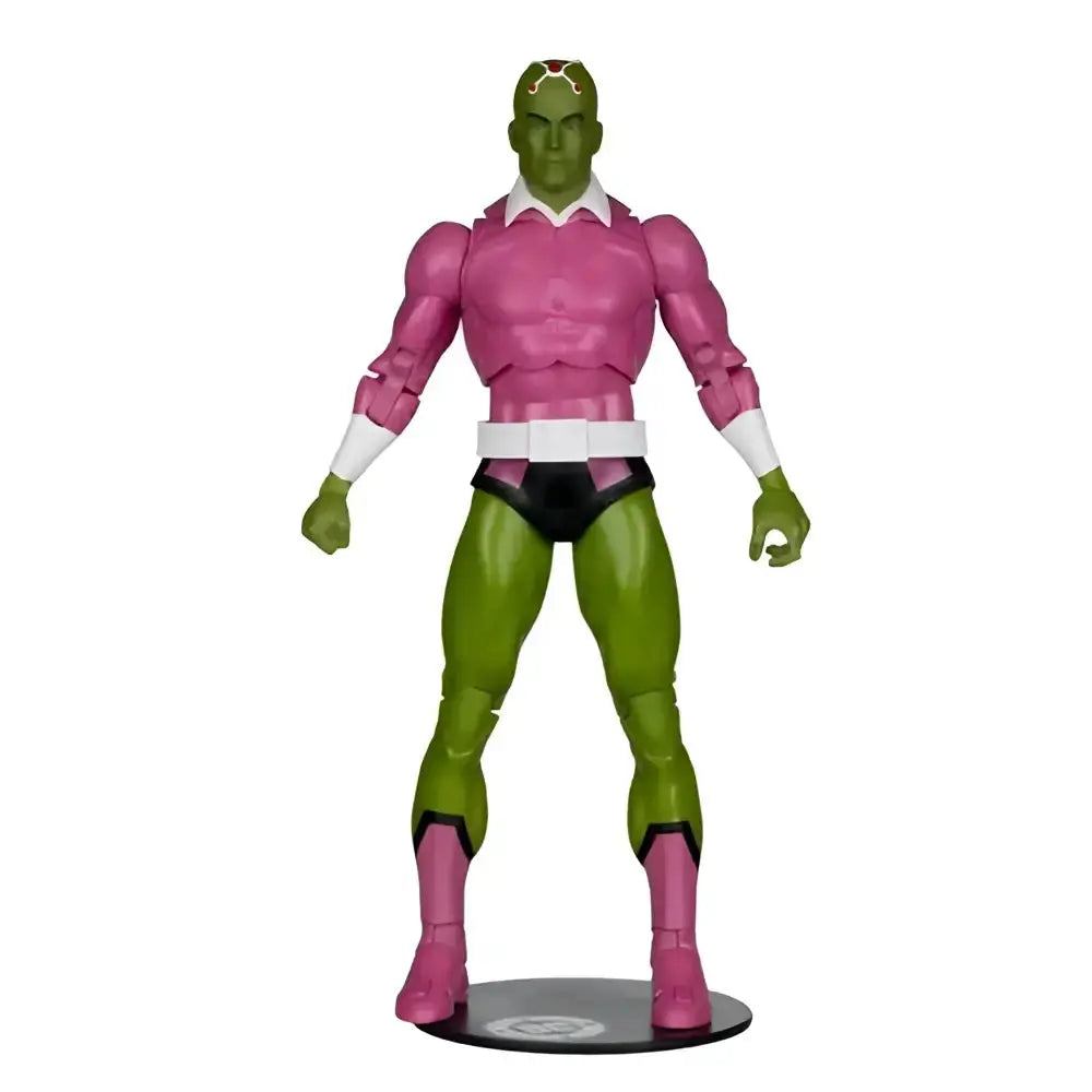 Brainiac classic green-skinned scale action figure in pink and black costume standing on circular base by mcfarlane gaming