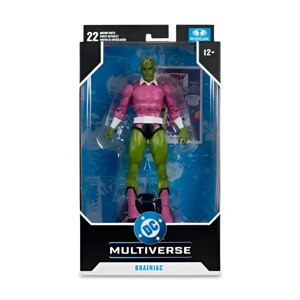 Green-skinned brainiac classic 7-inch scale action figure in pink shirt and black briefs in dc multiverse blister pack