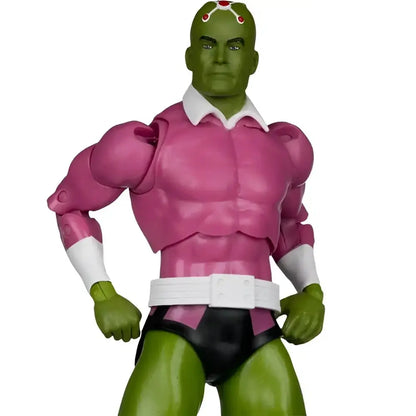 Green-skinned brainiac classic scale action figure in pink white costume with black briefs and white belt by mcfarlane gaming
