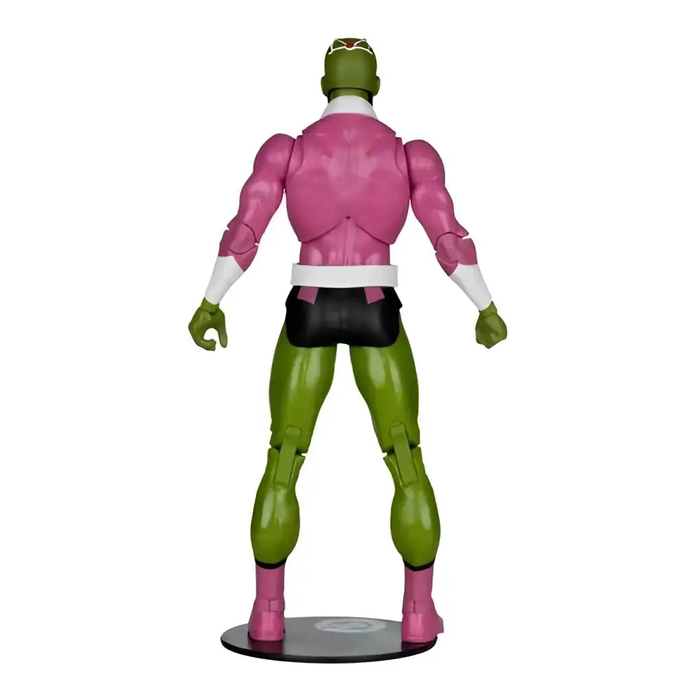 Brainiac classic 7-inch scale action figure in green and pink with white collar and black shorts by mcfarlane gaming