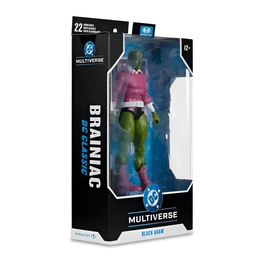 Brainiac classic 7-inch scale action figure in pink and green packaged in black and blue dc multiverse box by mcfarlane gaming