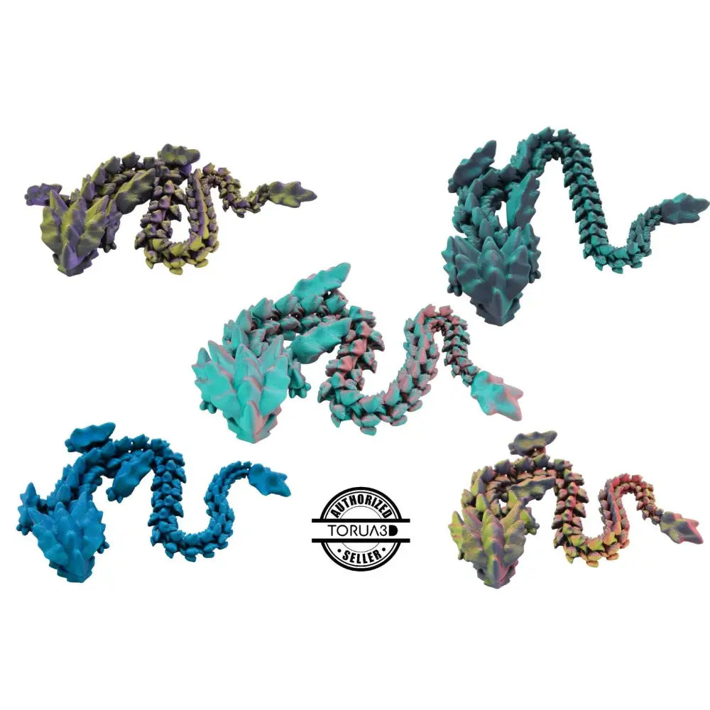 Five articulated crystal dragons.