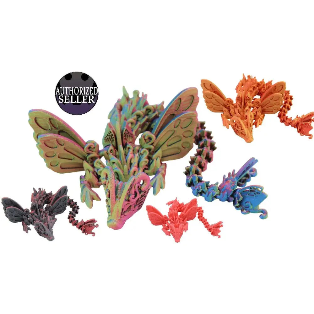 Colorful articulated dragon figurines.