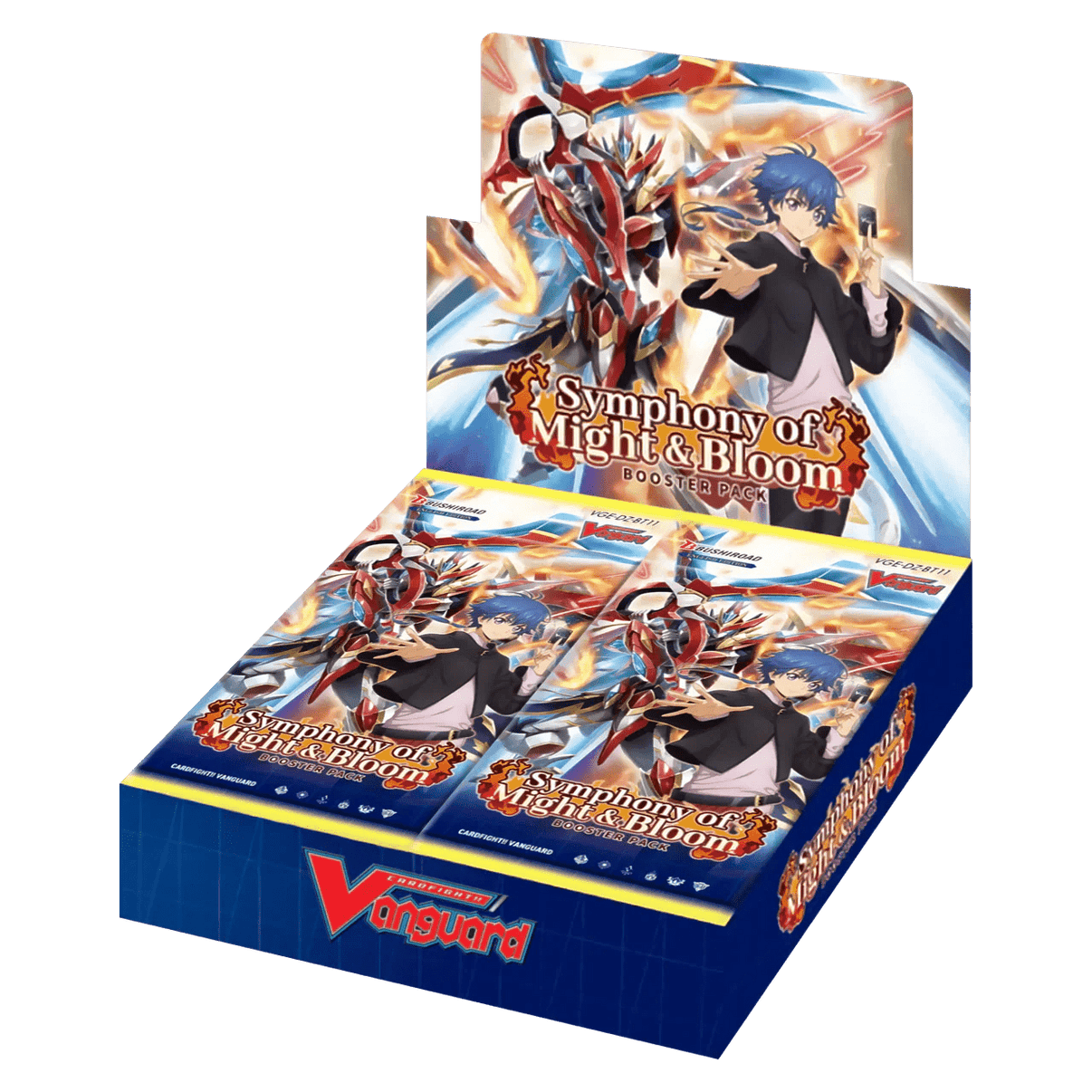Blue and yellow ’symphony of might & bloom’ booster box for the vanguard trading card game.
