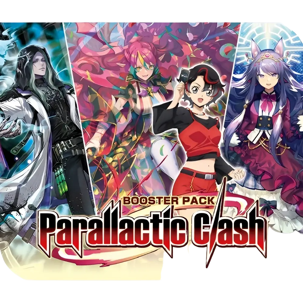 Parallactic clash booster box featuring three anime-style characters in vibrant outfits for cardfight vanguard divinez